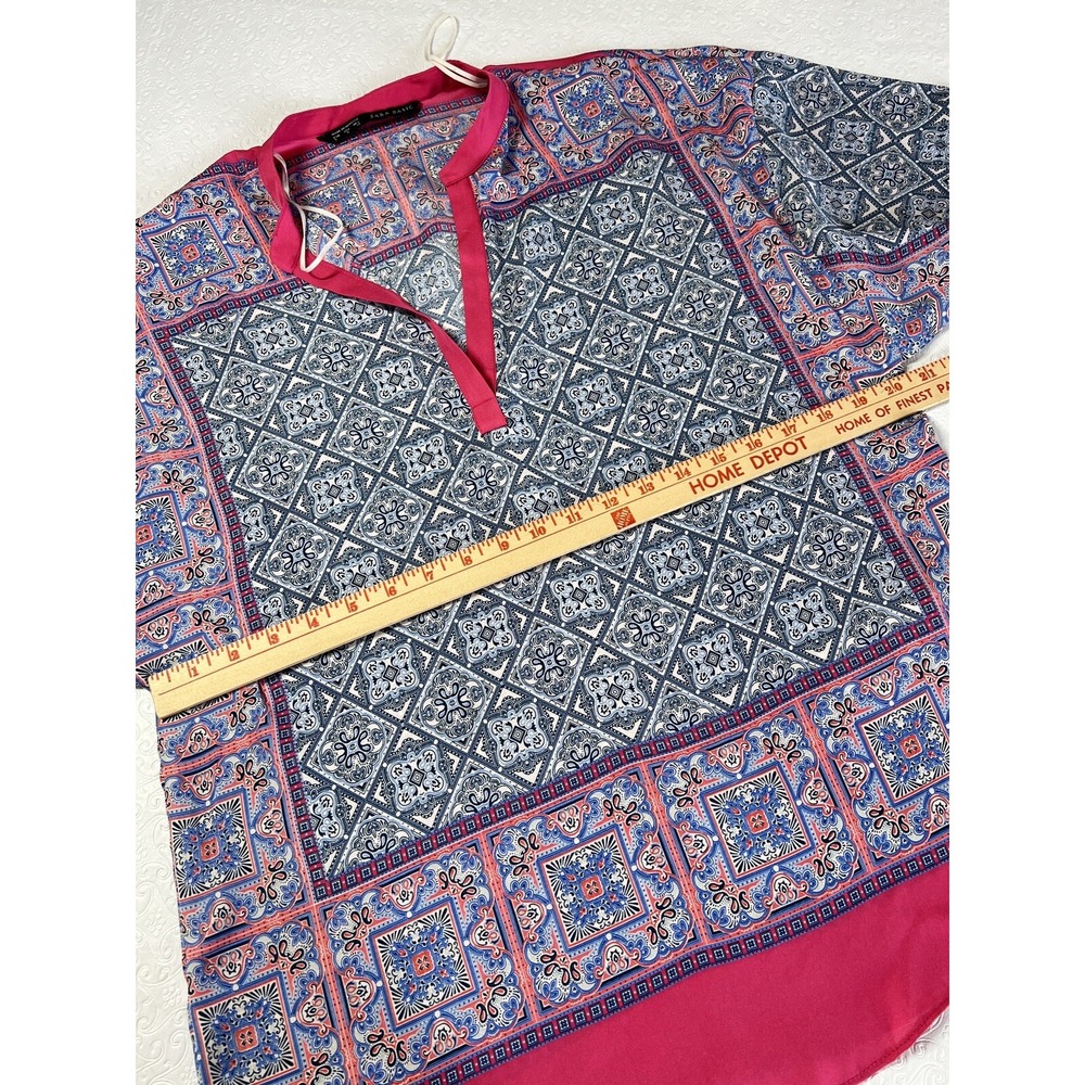 Zara Basic Blouse Tunic Top Pink Blue Batik Oversized Boxy Polyester Size S - Picture 9 of 11